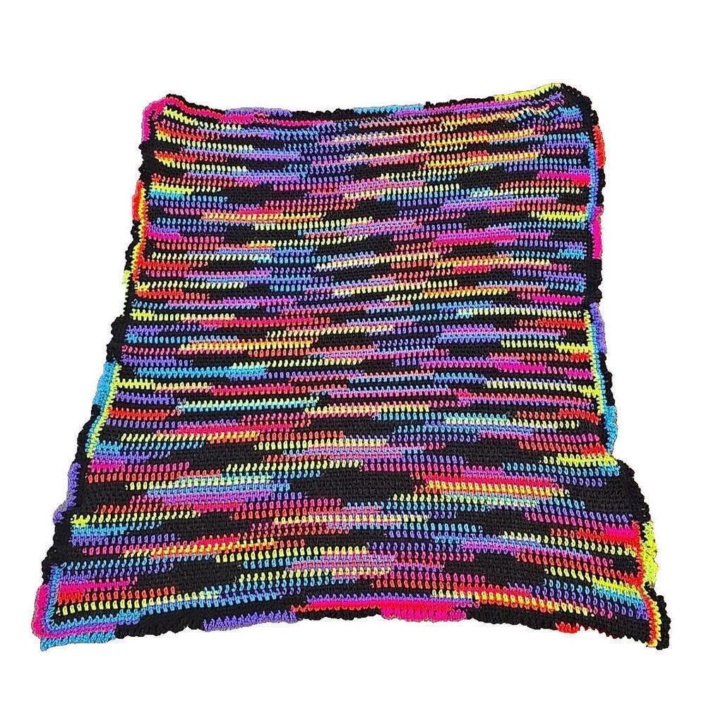 Handmade Afghan Neon Stripe Boho 80's Crochet Blanket, 55" X 49" - Picture 1 of 9